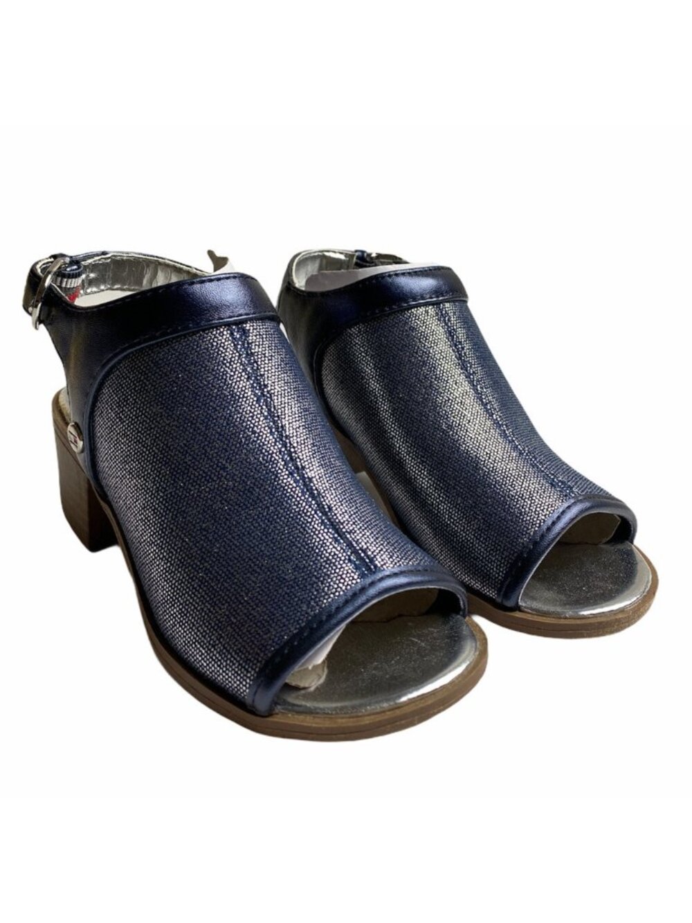 Tommy Hilfiger Girls Navy Blue And Silver Sling back Block Heeled Sandal Size 11